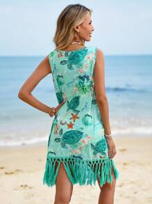 Swim Lushoire 女式夏季海滩度假随机印花圆领无袖拼接流苏下摆罩衫连衣裙 - 彩色 - 查看 2