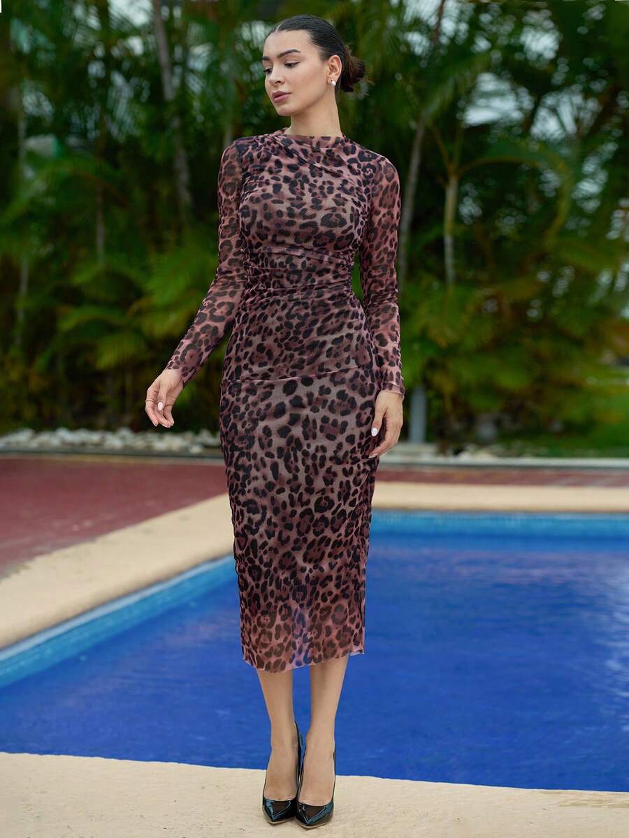 Andrea Bello Women Elegant Leopard Print Mesh Ruched Bodycon Dress - Brown - View 1
