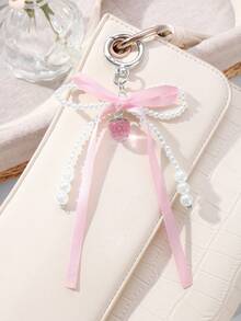ROMWE Kawaii 1pc Elegant, Delicate, Minimalist High-End Handmade Beaded White Faux Pearl, Pink Ribbon Bow, Resin Strawberry DIY Keychain, Bag Charm, Suitable For Women, Daily Wear, Holiday Gift - Pink - View 6