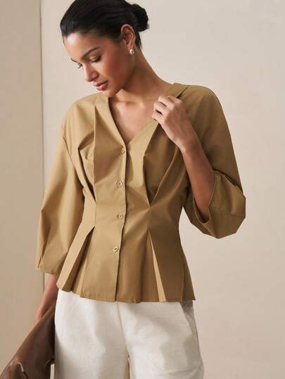 BizChic 2025 Autumn/Winter New Brown V-Neck Front Button Single-Breasted Waist Pleated Design Women's Shirt Blouse, Chic & Elegant For Urban Business Casual, Office, Dating, Party, Outing, Airport, Romantic Country Music Festival, Vintage Korean Style, Wedding Guest, Birthday, Halloween, Christmas