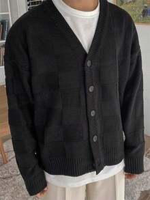 SHEIN Teen Boys' Charcoal Grey Textured Cardigan Sweater,Baggy Casual College Style Button Knitted Cardigan,Back-To-School Soft Autumn Outwear For School - Dark Grey - View 3