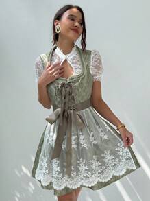 Aloruh 女士优雅慕尼黑啤酒节蕾丝边方领交叉系带可拆卸蕾丝围裙 A 字迷你连衣裙 - 綠色 - 查看 7