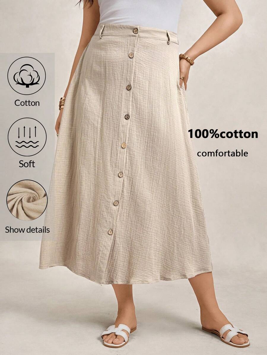 Zelara Váy dài vừa phải cài nút màu mơ thường ngày cỡ lớn dành cho nữ, chất liệu cotton thoải mái cho mùa thu - Màu be - Xem 1