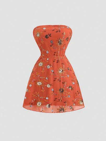 Sweetra 夏季新款复古法式橙色亮片刺绣抹胸系带腰性感迷你连衣裙