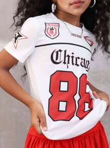 Coolane Kids Dziewczęca luźna, minimalistyczna, duża, nadrukowana liczba, okrągły dekolt, krótki rękaw, luźna koszulka dla dziewcząt, odpowiednia na lato - Biały - Zobacz 1