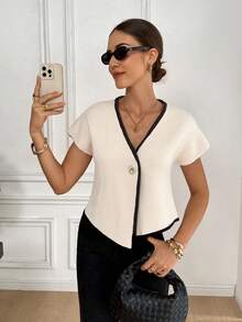 Serisse Women's Ribbed V-Neck Short Sleeve Single-Button Loose Knit Top, Fall Women Clothes, Back To School, Teacher Outfits For Women ,Business Casual Woman, Women's Solid Color V-Neck Button Decorated Elegant Fashion Vest,   Tops Business  Sasual Woman Commuter Simple Temperament Office Summer Vest Apricot Elegant Going Out Tops Women, Tops For School - Apricot - View 4