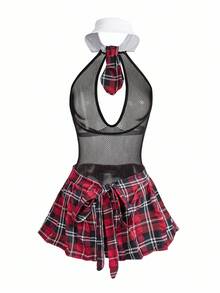 Fantasy Costume 女士格子拼布渔网露背吊带性感内衣 - 彩色 - 查看 6