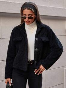 EURMUSE Women's Soft Comfy Teddy Short Button Up Jacket - Black - View 4