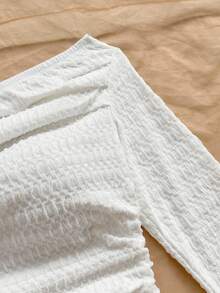 Soleia Women's Light Blue Textured Knit Fabric Ruched Off-Shoulder Flare Sleeve Fitted Casual Top For Vacation, Brunch, Boho White Off Shoulder Top White Off The Shoulder Crop Top White Summer Top White Textured Top White Long Sleeve Off Shoulder Top - White - View 6