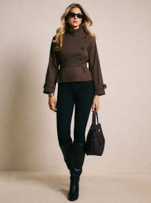 Poéselle 带腰带和口袋的女式风衣 棕色风衣 女式外套 女式休闲纯色风衣 棕色夹克女式 女式棕色夹克 棕色腰带夹克 深棕色夹克女式棕色秋季夹克 女式秋季服装 秋季服装 女式秋季服装 女式冬装 女式冬季外套 女式冬季夹克，