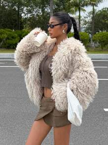 SHEIN EZwear Damen Jacke aus Wollmischung mit Kunstfell-Kragen für Herbst/Winter