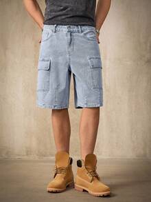 RivetRise 1 件男士休闲多口袋牛仔工装短裤，街头时尚风格，春夏男士浅蓝色牛仔工装短裤，是送给男朋友或丈夫的绝佳礼物。
