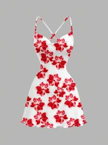 SHEIN MOD Casual Red Floral Print Pattern Spaghetti Strap Short Dress, Suitable For Summer Vacation Suitable For Going Out Chic Dress