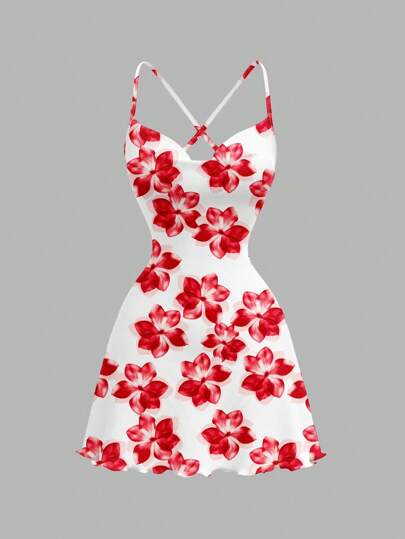 SHEIN MOD Casual Red Floral Print Pattern Spaghetti Strap Short Dress, Suitable For Summer Vacation Suitable For Going Out Chic Dress