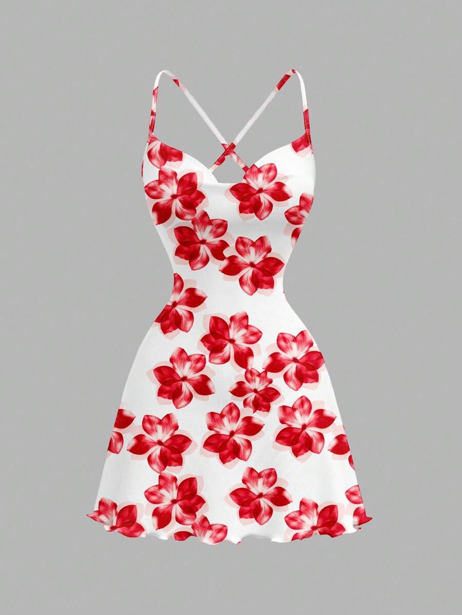 SHEIN MOD Casual Red Floral Print Pattern Spaghetti Strap Short Dress, Suitable For Summer Vacation Suitable For Going Out Chic Dress