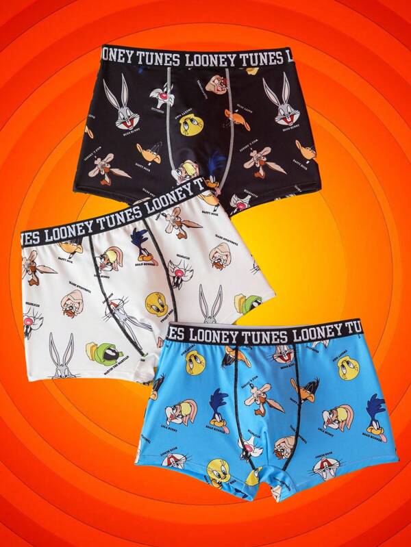 LOONEY TUNES X SHEIN 3 قطع سراويل داخلية للرجال محبوكة مطبوعة برسوم كرتونية وحروف
