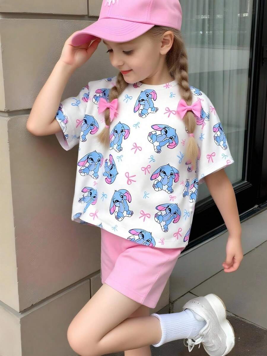 Girl Big Kids Simple Cute Blue Rabbit Print Pink Background Short Sleeve Top And Pink Shorts 2pcs Set - Multicolor - View 1