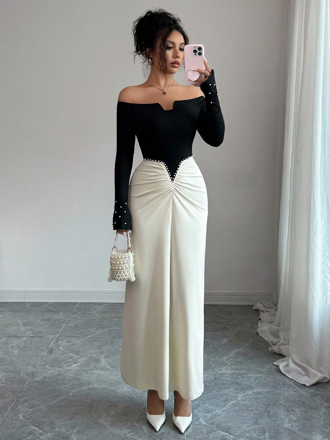 Elenzga فستان أنيق مناسب للسيدات مزين باللؤلؤ، خصر...