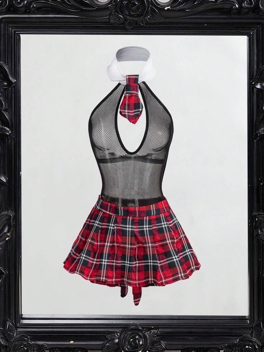 Fantasy Costume 女士格子拼布渔网露背吊带性感内衣 - 彩色 - 查看 1