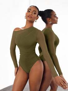 Cheerfulab Asymmetrical Keyhole Off-Shoulder Sheer Mesh Bodysuit Women Vacation Spring & Summer Beach - Army Green - View 3