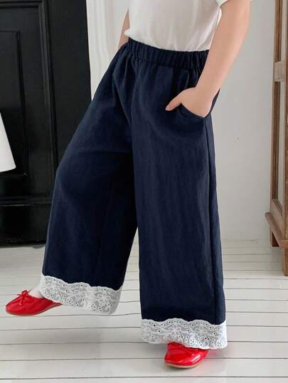 Dazy Kids Young Girl Contrast Color Lace Patchwork Wide Leg Jeans