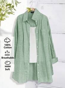 Rusticease Plus Size Long Sleeve Casual Striped Shirt,Fall Women Clothes Green - Dark Green - View 1