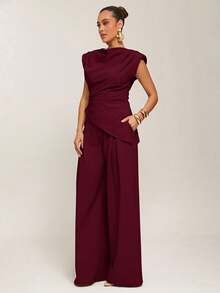 Silquee Top elegant pentru femei, culoare solidă, cu umeri lați, tiv asimetric, vară, top vin, top vișiniu, drapat, mânecă scurtă, top maro, toamnă, stil vechi de damă, stil Stockholm, ținută business casual pentru femei, ținută office, pentru ieșiri în oraș, birou - Burgundia - Vizualizare 6