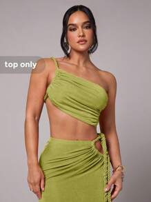 Silquee Women's Sleeveless Braid Ruffle Asymmetrical Hem Tank Top, Suitable For Commute, Daily Wear, Vacation, Beach, Bikini Cover-Up, Night Out, Sisterhood Gathering, Beach Party, Pool Party, Spring/Summer Green One Shoulder Top One Shoulder Tops Green Top - Olive Green - View 1
