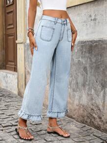 大码女式时尚双口袋喇叭牛仔裤，适合所有季节 - 藍色 - 查看 4