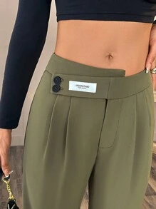 Chiquease بنطلون كاجوال مطوي بخصر ضيق للنساء، مناسب للربيع والخريف للجامعة - أخضر عسكري - مشاهدة 3