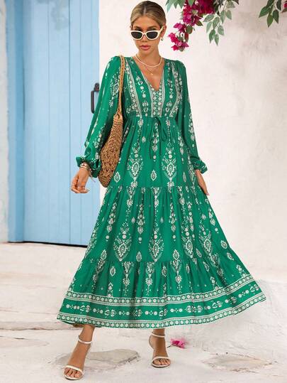 Vivid Eden 女士花卉印花腰带灯笼袖连衣裙，度假风