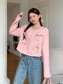 SHEIN 少女蝴蝶结装饰前扣圆领优雅长袖粉色夹克外套，适合春季、秋季、冬季、春节、聚会、派对、通勤，适合多种场合，返校 - 粉色 - 查看 3