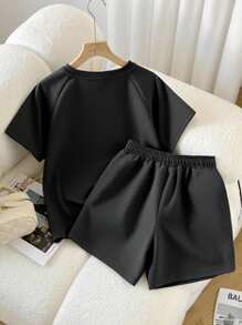 Resyla Set 2 Potong Kaos Lengan Pendek Kasual Wanita dan Celana Pendek Bertali - Hitam - View 2