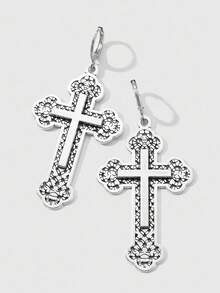 ROMWE 2pcs Y2K Retro Punk Goth Style Silver Hollow Floral Cross Dangle Earrings Set, Suitable For Women Daily Wear, Holiday Gift - Silver - View 6