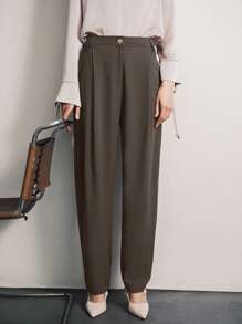 Uhlyne 女士缎面丝绸长款不对称口袋褶皱休闲裤,简约优雅百搭通勤风格,深咖啡棕色,秋季,极简主义,工作服,教师装,返校,秋季,中性服装,商务休闲,老钱风格美拉德风格 - 棕色 - 查看 8