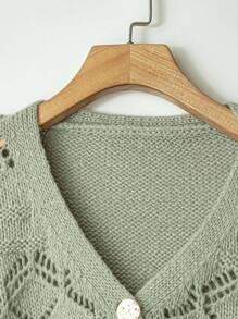 SHEIN LUNE 女士休闲纯色镂空针织开衫 - 綠色 - 查看 3