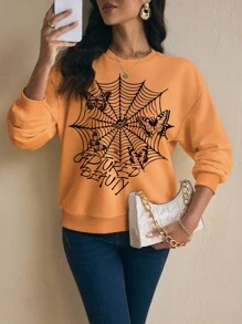 Glamance Gumgfx Áo nỉ nữ cổ tròn in hình mạng nhện và bướm, trang phục Halloween, áo nỉ Halloween mùa thu, áo nỉ in hình, áo nỉ màu cam, áo nỉ mạng nhện, áo nỉ cho nữ đi học, áo nỉ cho nữ giáo viên mùa thu và đông. - Màu Cam cháy - Xem 3