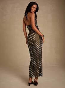 Glamine 2 Pieces Sets White And Black Color Wave Point Sexy V Neck Backless Asymmetrical Maxi Skirt Sets,Club Outfits,Women Fall Clothes,Streetwear,Concert Outfit,Date Night Outfits,Back To School Clothes,Going Out Set,Halloween Set