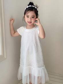 Dazy Kids 年轻女孩花卉提花网眼鱼尾下摆连衣裙 - 白色 - 查看 2