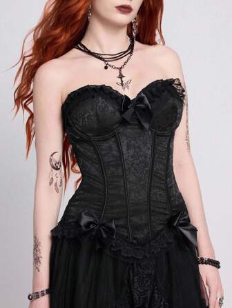 Goth Gothic Style Satin Jacquard Fabric Bow Decor Corset Tube Top For Women