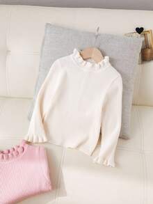 SHEIN Modischer einfarbiger Stehkragen Lässig Langarm Pullover für Kleine Mädchen, Gerippter Pullover für Mädchen, Rüschen-Kragen Pullover gestrickt, Winterkleidung Herbst - Pink - Übersicht 9