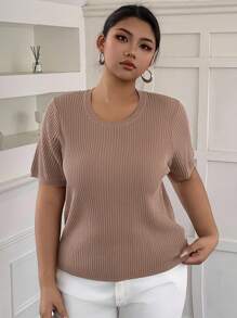 Dazy Plus Suéter holgado de punto de manga corta con cuello redondo y unicolor para mujer de talla grande - Caqui - Ver 3