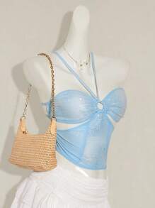 SHEIN ICON Women's Blue Lace, Sequin & Mesh Splice Front Circular Ring Tie Ruched Hollow Slim Sexy Camisole For Summer - Blue - View 2