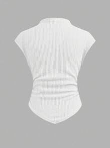 SHEIN Tween Girls Casual Knit Textured Fitted Mock Neck Ruched Asymmetric Hem Top, Suitable For Back To School In Spring/Summer, Cute Tops Teen Girl, Ribbed Tween Summer Tops, - White - View 2