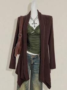 SHEIN ICON 女式 Y2k 哥特秋季波西米亚西部外出复古棕色毛衣休闲纯色不对称下摆开衫