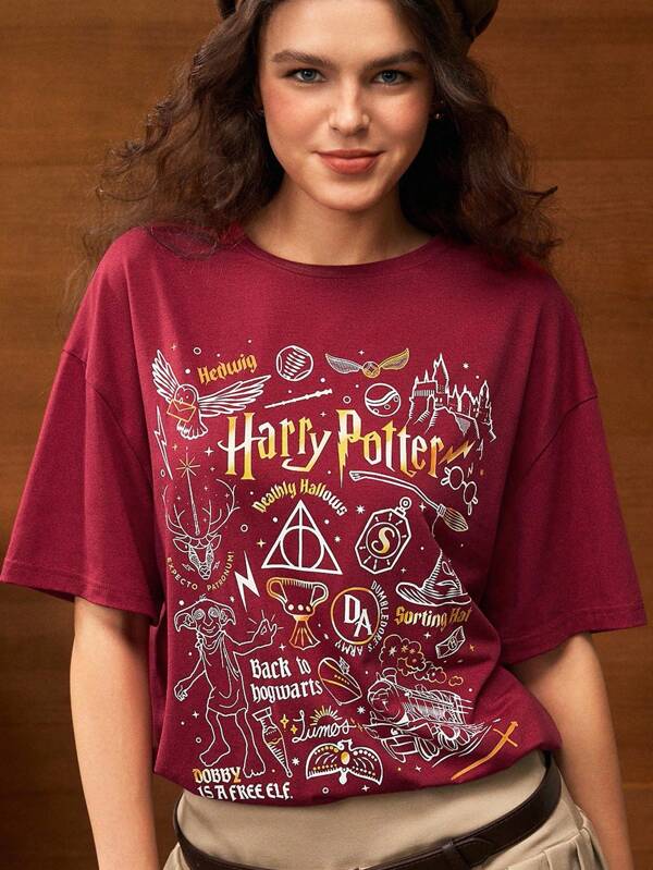 HARRY POTTER X SHEIN Women's Casual Deathly Hallows Dobby Print Burgundy Loose T-Shirt, Back To School