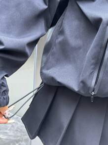 SHEIN EZwear 織織凈色高領連帽衝鋒夾克外套 - 黑色 - 查看 9