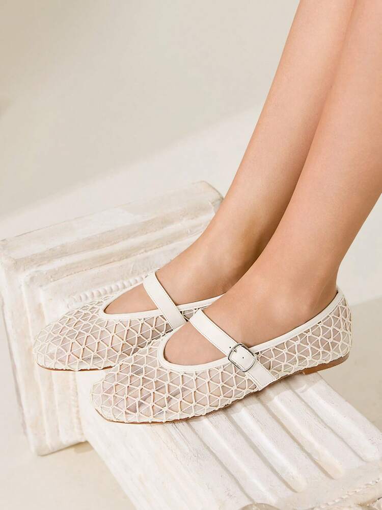 CUCCOO CHICEST Bailarinas de malla marrón de punta redonda, elegantes zapatos de mujer casuales de estilo Mary Jane para el verano, para tomar el té, citas, escuela y ocasiones formales