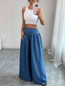 SHEIN LUNE 女式低腰牛仔蓝色垂坠面料侧扣设计优雅休闲度假氛围感恩节万圣节秋季新款时尚百搭小众设计宽松直筒阔腿长裤 - 藍色 - 查看 3