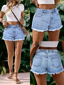 EMERY ROSE Plus Size Women's Casual Denim Frayed Hem Shorts For Summer - Light Wash - View 1